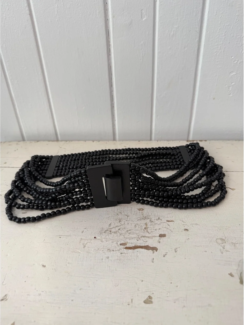 Vintage Black Multi-Strand Beaded Belt with Rectangular Buckle
